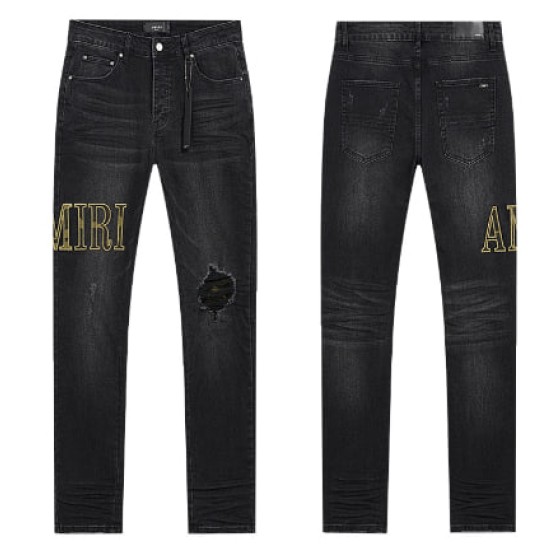 Black Washed Denim Jeans with Gold AMIRI Logo and Single Knee Rip